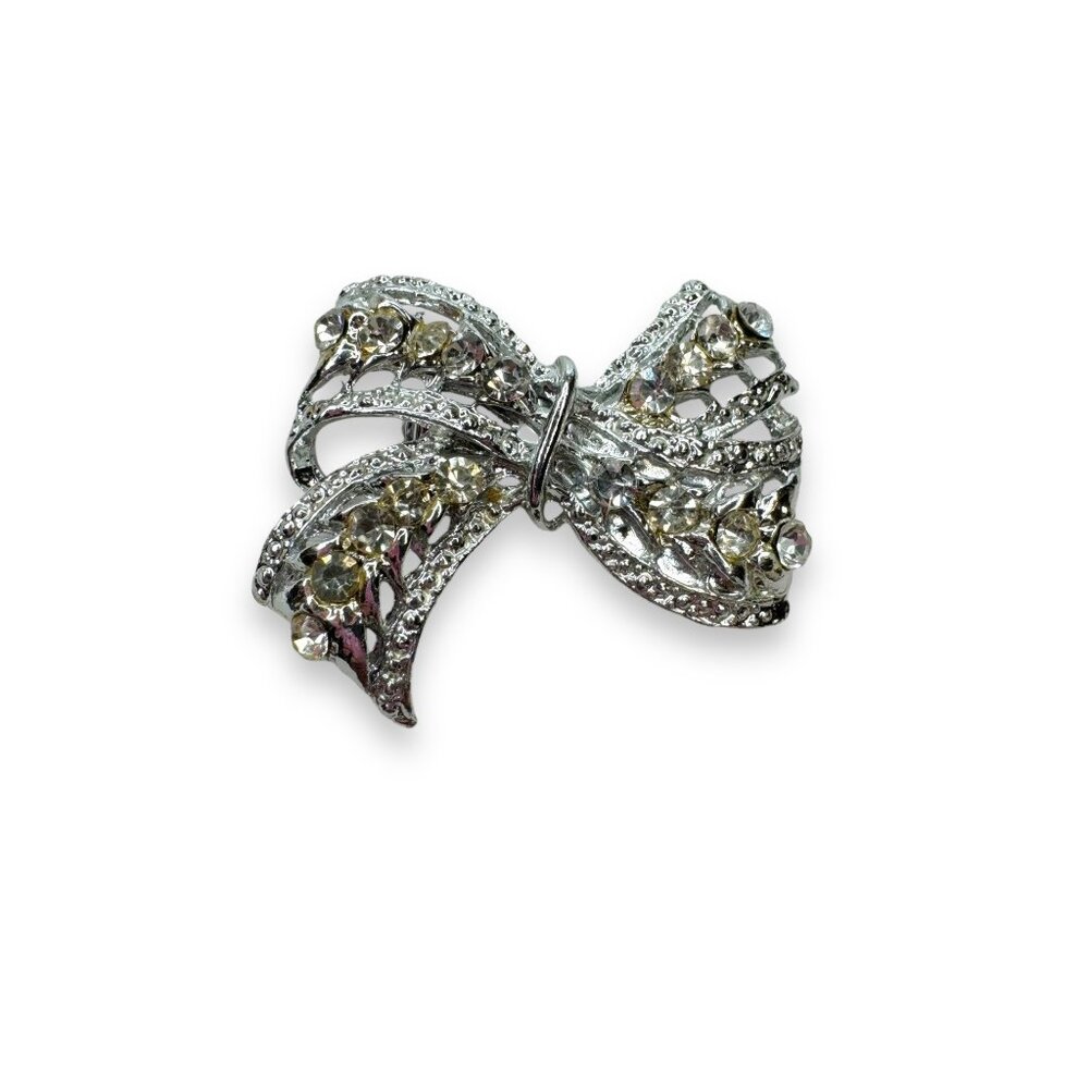 Vintage Crystal Bow Brooch Pin Unsigned Rhinestone - Picture 1 of 7